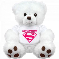 18 Inch White Teddy Bear wearing SUPERMOM Tshirt Plush Soft Toy